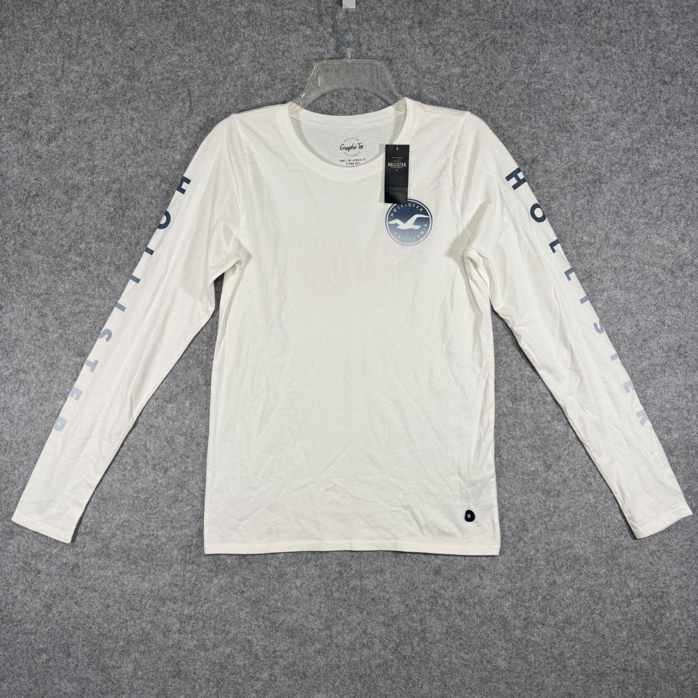 Hollister Graphic Tee Women Size Medium White Long Sleeve Logo 357-586-0311-100